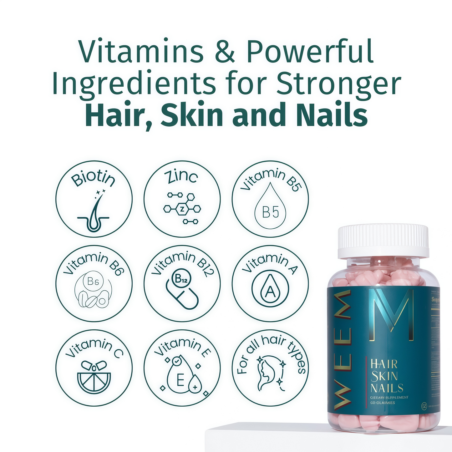WEEM Hair Skin and Nails Gummies - Supports Healthy Hair - Vegan biotin Vitamins for Women & Men Supports Faster Hair Growth, Stronger Nails, Healthy Skin, Extra Strength